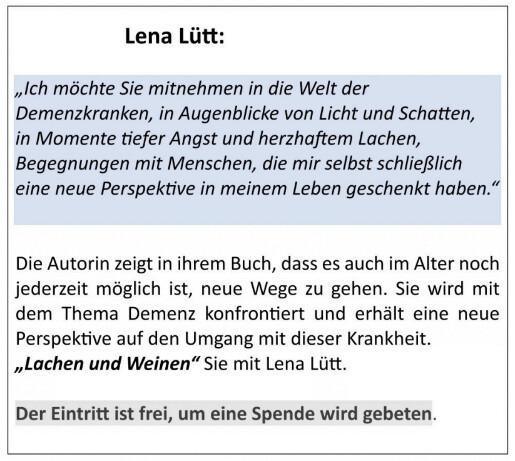 Demenz Goldstücke - Lesung mit Lena Lütt