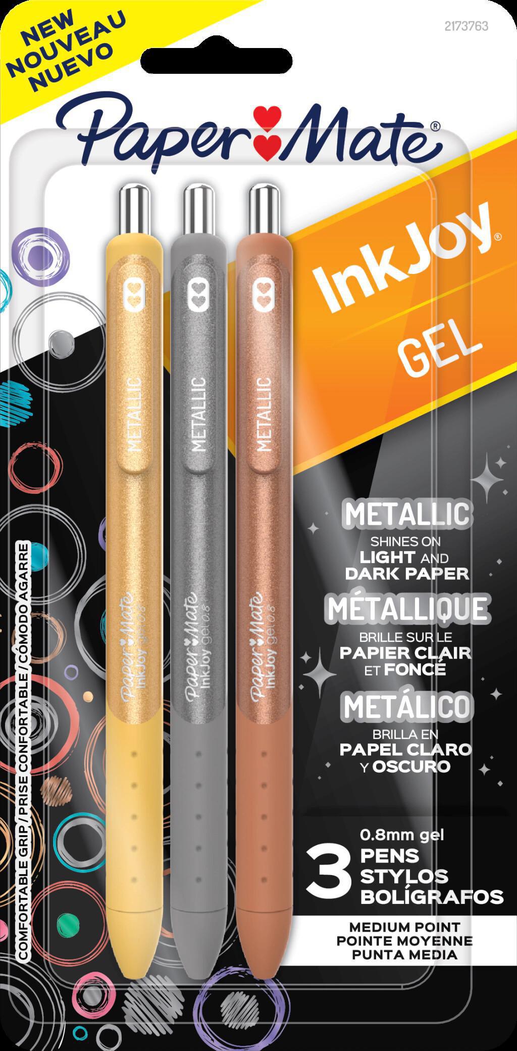 Paper Mate: bolígrafos de gel metalizados que brillan sobre blanco y negro Paper Mate: bolígrafos de gel metalizados que brillan sobre blanco y negro