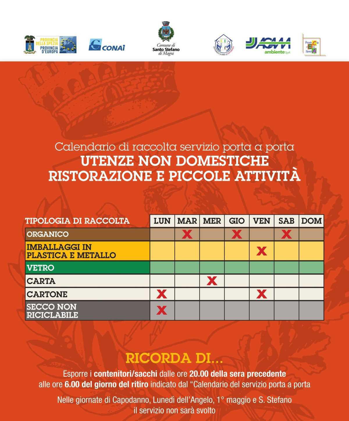 Calendario di raccolta servizio porta a porta UTENZE NON DOMESTICHE RISTORAZIONE E PICCOLE ATTIVITÀ