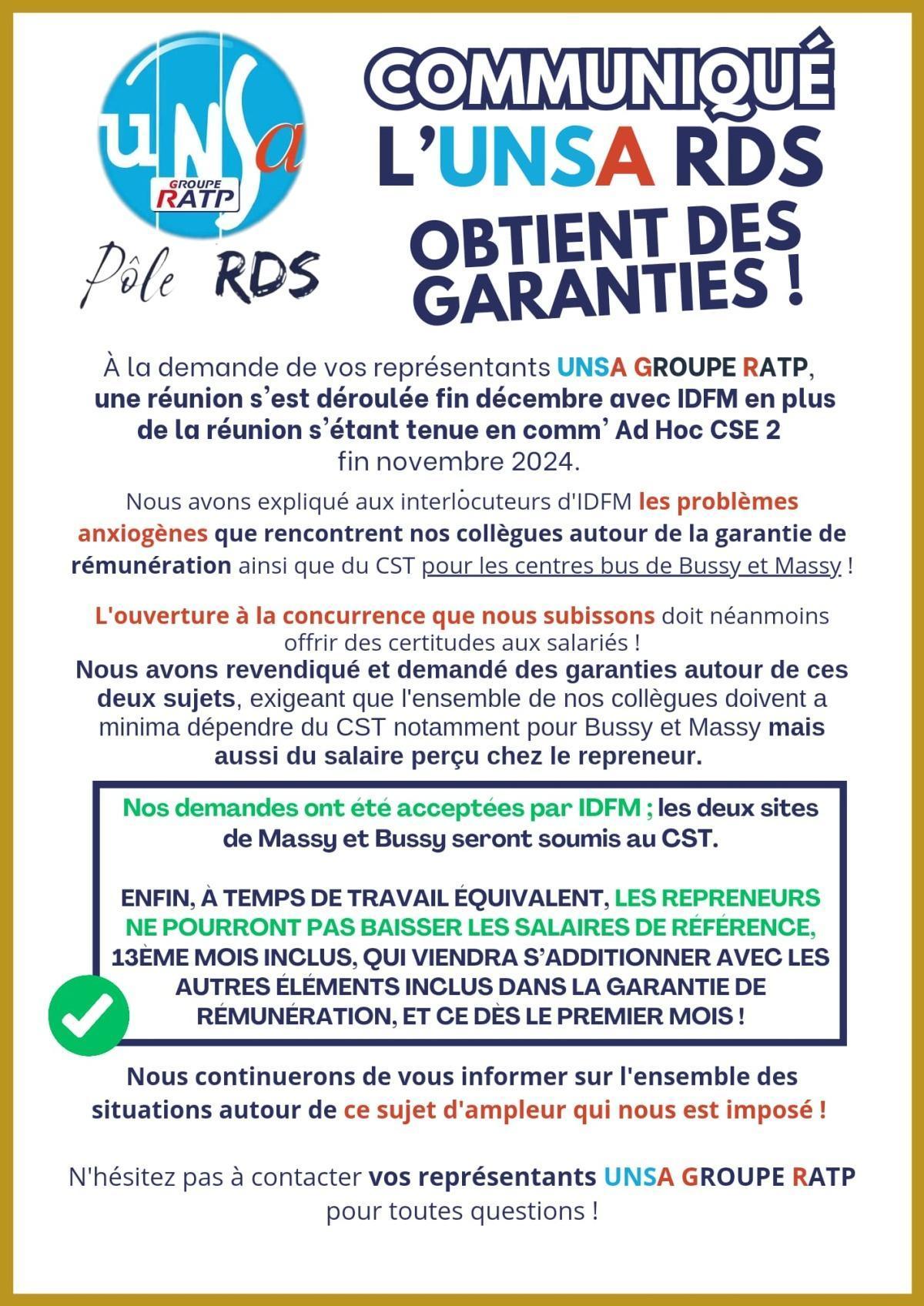 L'UNSA RDS obtient des garanties L'UNSA RDS obtient des garanties