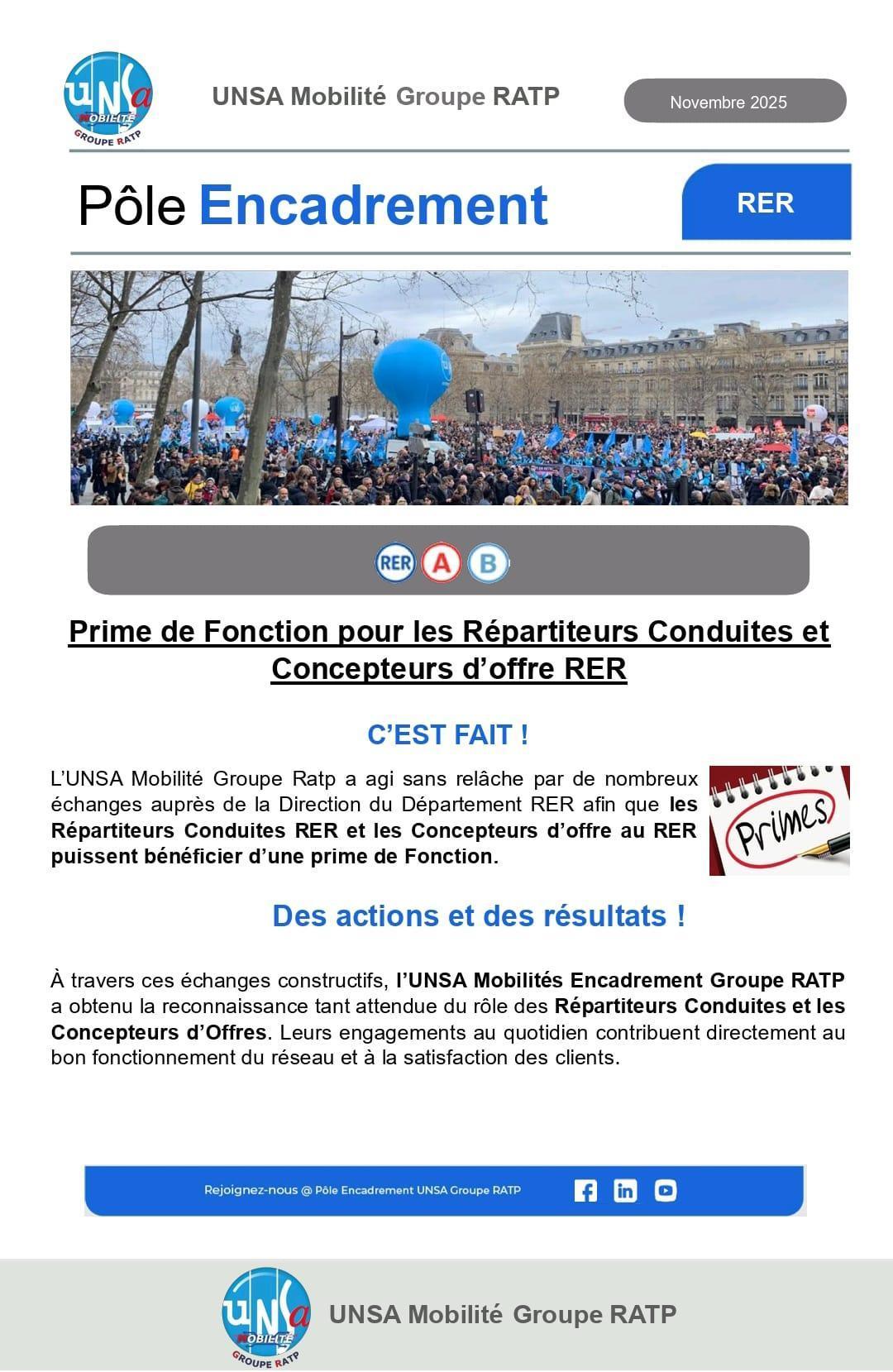 ENCADREMENT RER A ET B : Prime de Fonction pour les Répartiteurs Conduites et Concepteurs d’offre RER