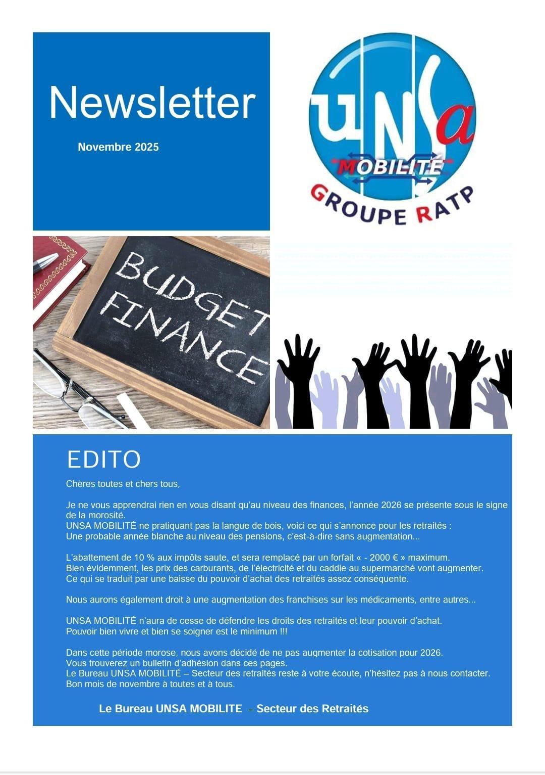 RETRAITÉS : LETTRE UNSA MOBILITÉ GROUPE RATP DU MOIS DE NOVEMBRE