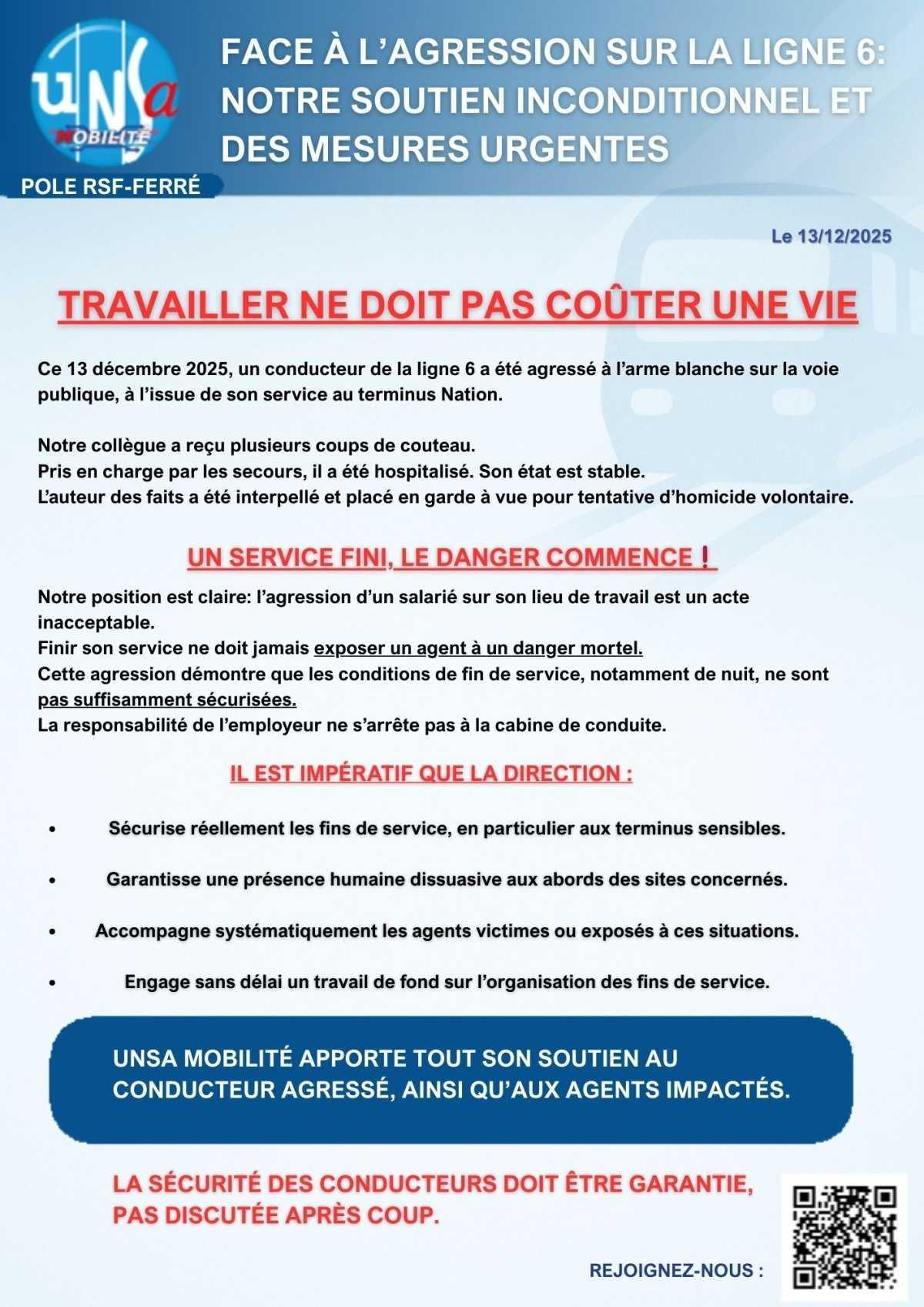 FACE À L’AGRESSION SUR LA LIGNE 6 : NOTRE SOUTIEN INCONDITIONNEL ET DES MESURES URGENTES FACE À L’AGRESSION SUR LA LIGNE 6 : NOTRE SOUTIEN INCONDITIONNEL ET DES MESURES URGENTES