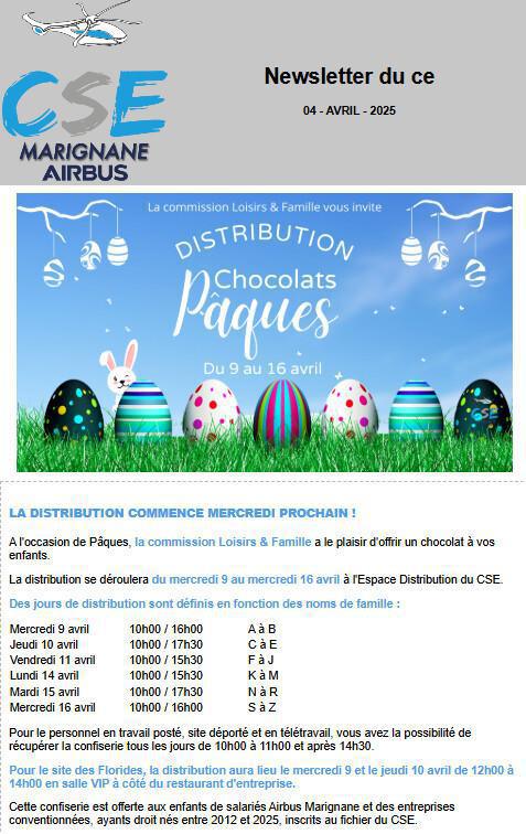 Distribution Chocolats de Paques du 9 au 16 Avril