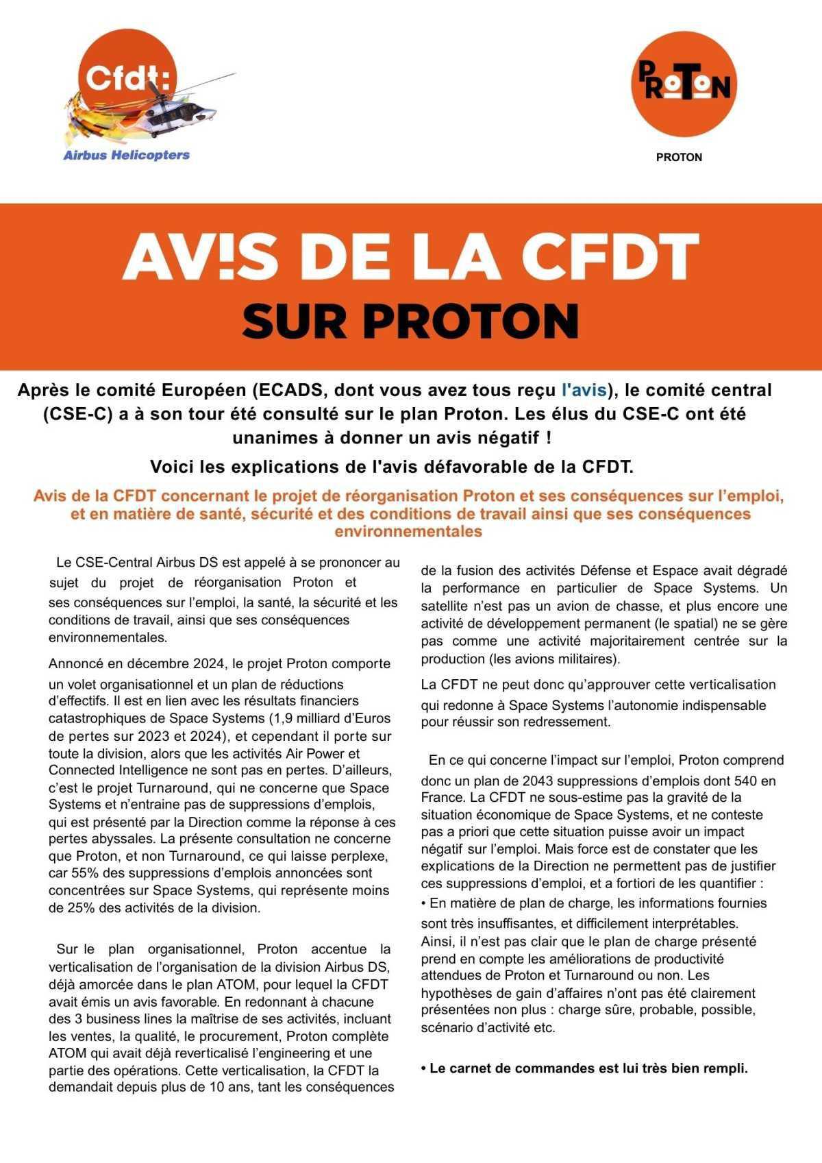 Avis de la CFDT concernant le projet de réorganisation Proton et ses conséquences sur l’emploi, et en matière de santé, sécurité et des conditions de travail ainsi que ses conséquences environnementales 