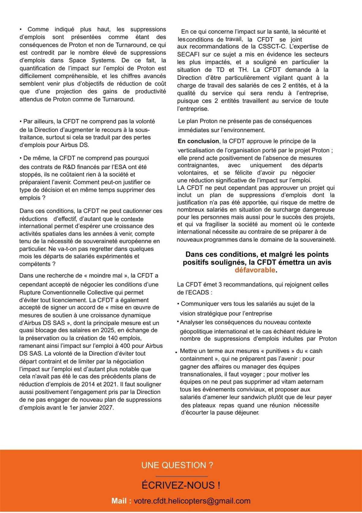 Avis de la CFDT concernant le projet de réorganisation Proton et ses conséquences sur l’emploi, et en matière de santé, sécurité et des conditions de travail ainsi que ses conséquences environnementales 