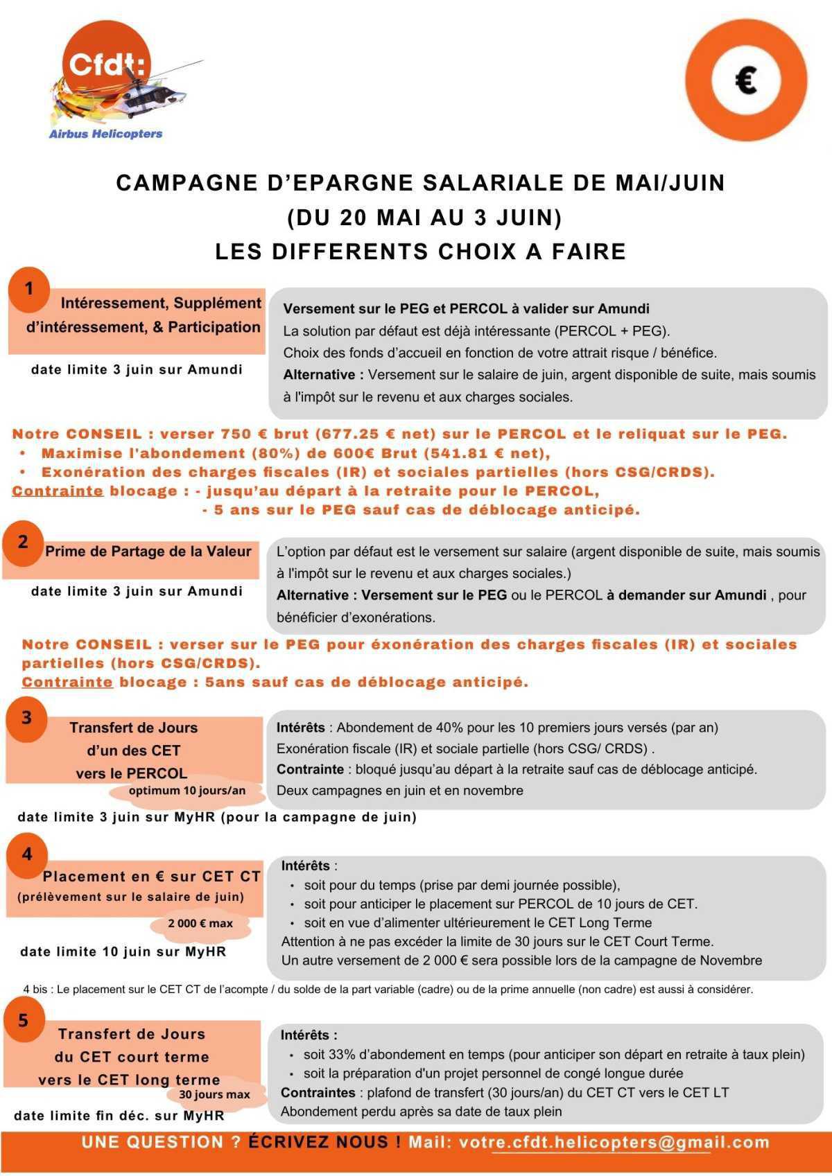 CAMPAGNE D’EPARGNE SALARIALE DE MAI/JUIN (DU 20 MAI AU 3 JUIN) LES DIFFERENTS CHOIX A FAIRE