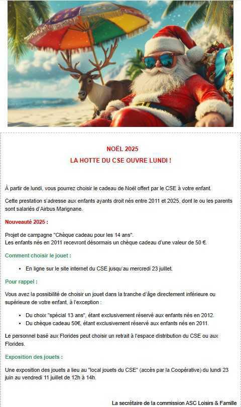 NEWSLETTER DU CSE : Noël 2025!!! La hotte du CSE ouvre aujourd'hui !!!!!
