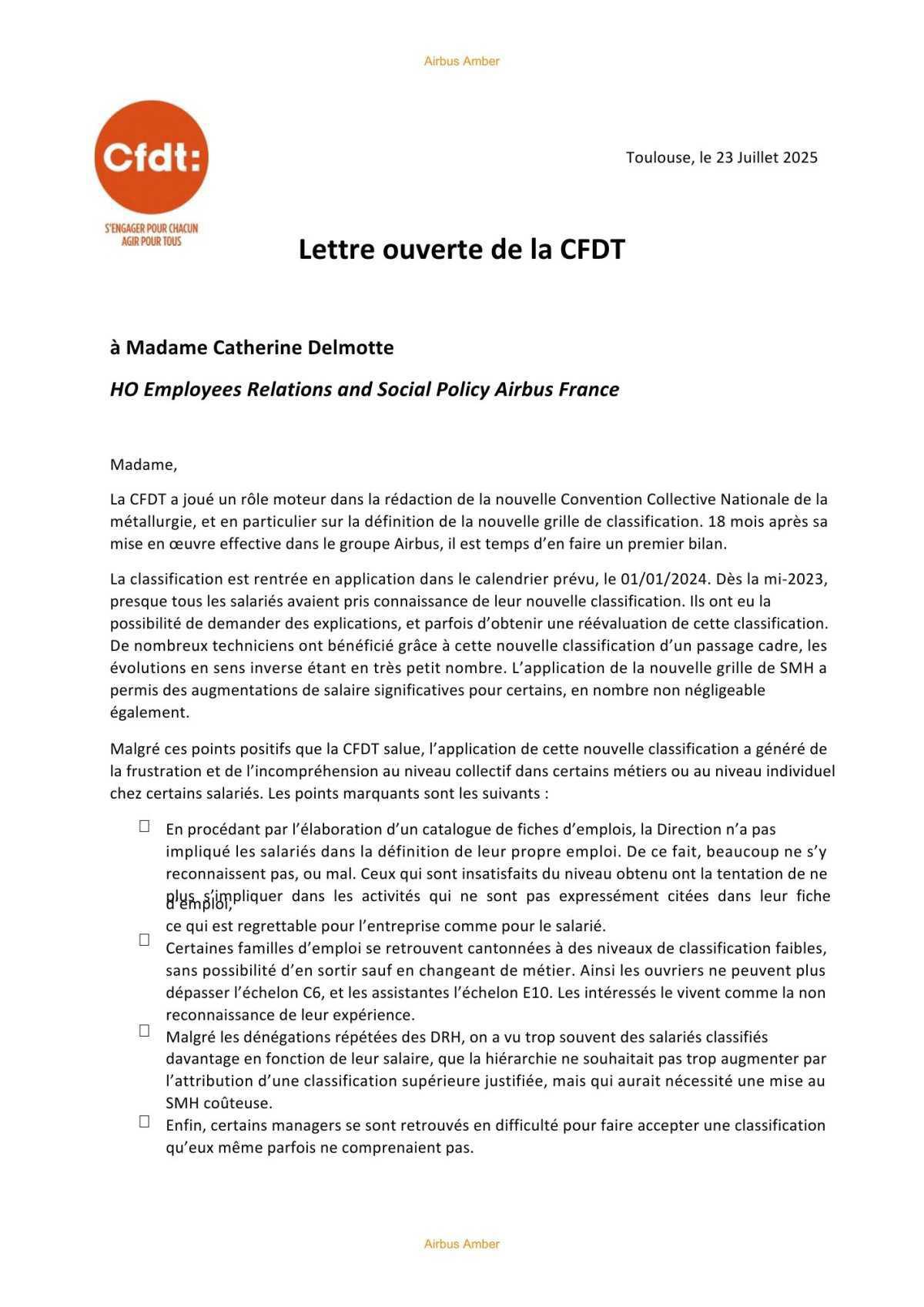 INFO GROUPE CFDT ( Lettre à la Direction des Relations Sociales Group Airbus France )