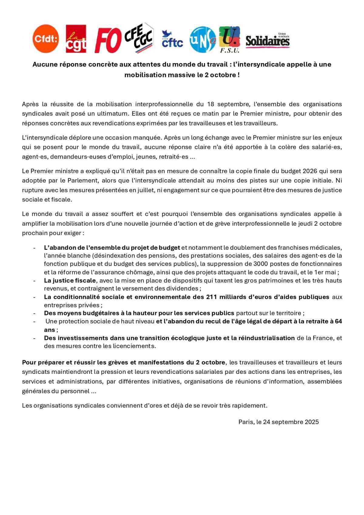 Aucune réponse concrète aux attentes du monde du travail : l’intersyndicale appelle à une mobilisation massive le 2 octobre !