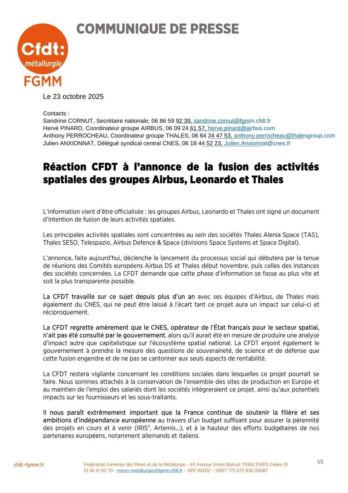 Réaction CFDT à l'annonce de la fusion des activités spatiales des groupes Airbus, Leonardo et Thales Réaction CFDT à l'annonce de la fusion des activités spatiales des groupes Airbus, Leonardo et Thales