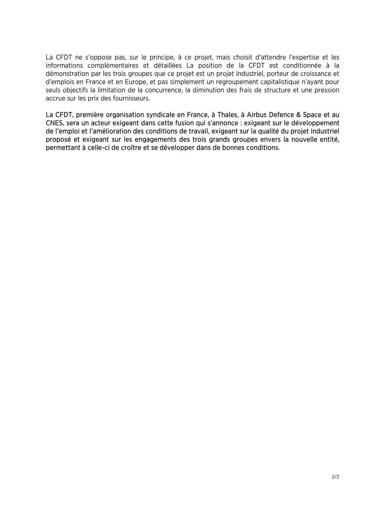 Réaction CFDT à l'annonce de la fusion des activités spatiales des groupes Airbus, Leonardo et Thales Réaction CFDT à l'annonce de la fusion des activités spatiales des groupes Airbus, Leonardo et Thales