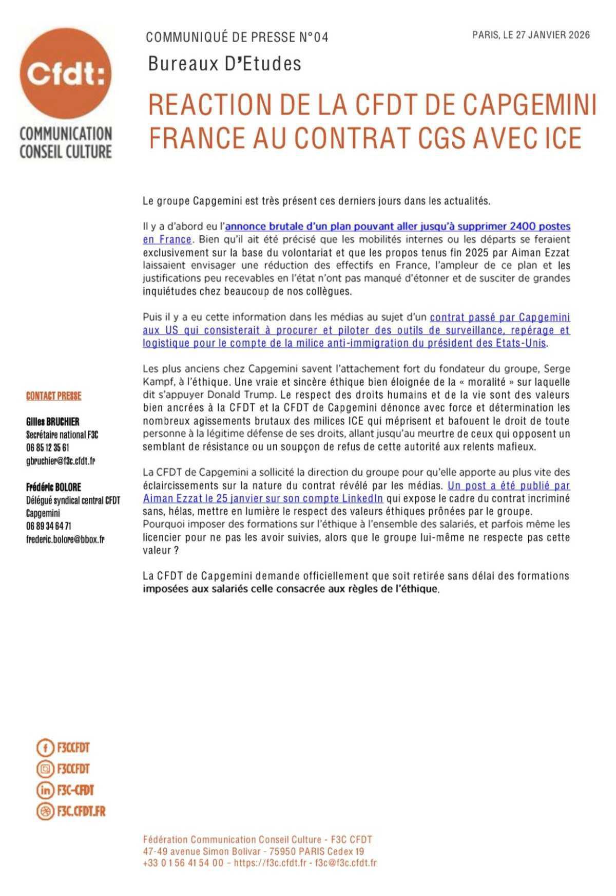 REACTION DE LA CFDT DE CAPGEMINI FRANCE AU CONTRAT CGS AVEC ICE