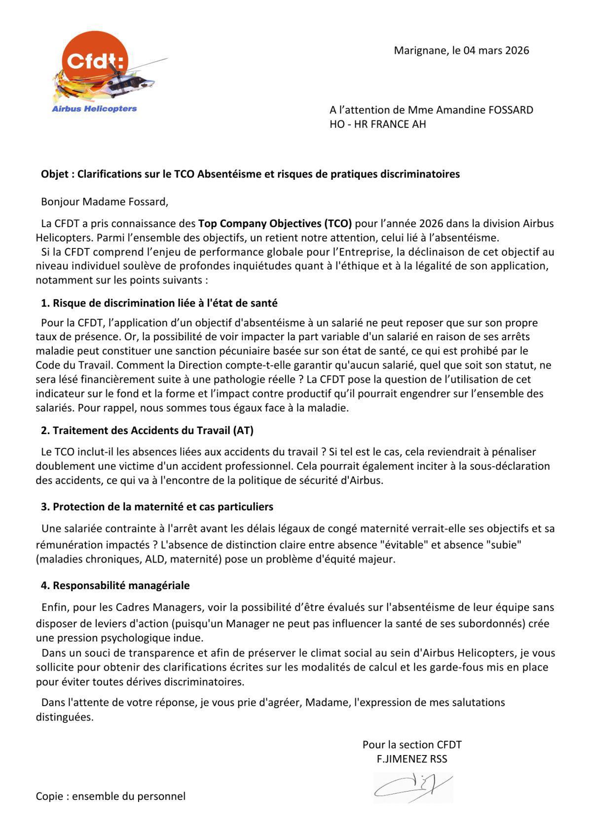 Courrier à la Direction .............Clarifications sur le TCO Absentéisme et risques de pratiques discriminatoires........