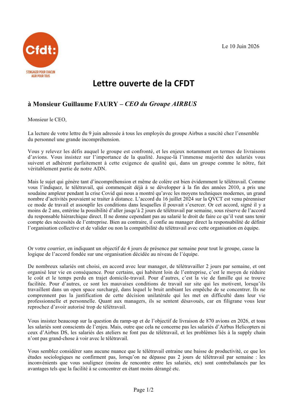 Lettre ouverte de la CFDT à Monsieur Guillaume FAURY – CEO du Groupe AIRBUS