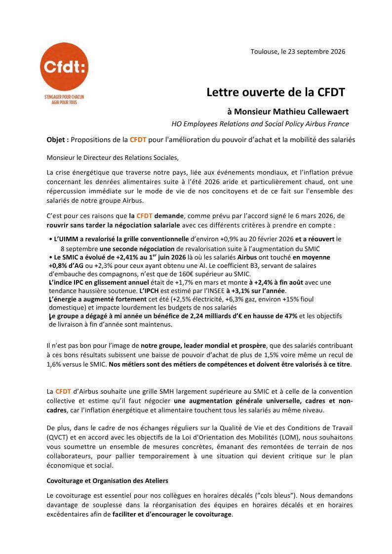 Lettre ouverte de la CFDT à la Direction des Relations Sociales du Groupe Airbus concernant les salaires, la mobilité domicile-travail, dans un contexte d'inflation et de hausse des prix du carburant.