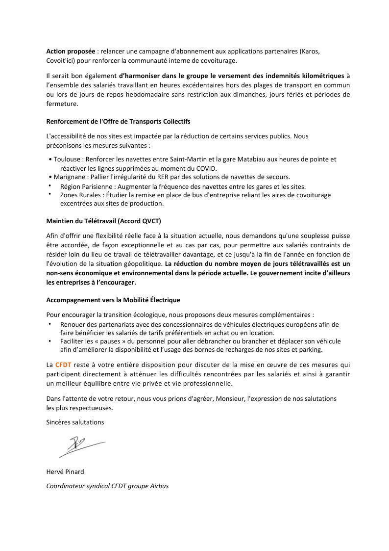 Lettre ouverte de la CFDT à la Direction des Relations Sociales du Groupe Airbus concernant les salaires, la mobilité domicile-travail, dans un contexte d'inflation et de hausse des prix du carburant.