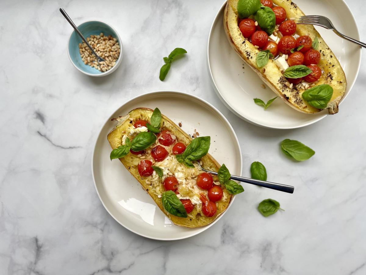 Baked Feta Spaghetti Squash with Garlicky Cherry Tomatoes