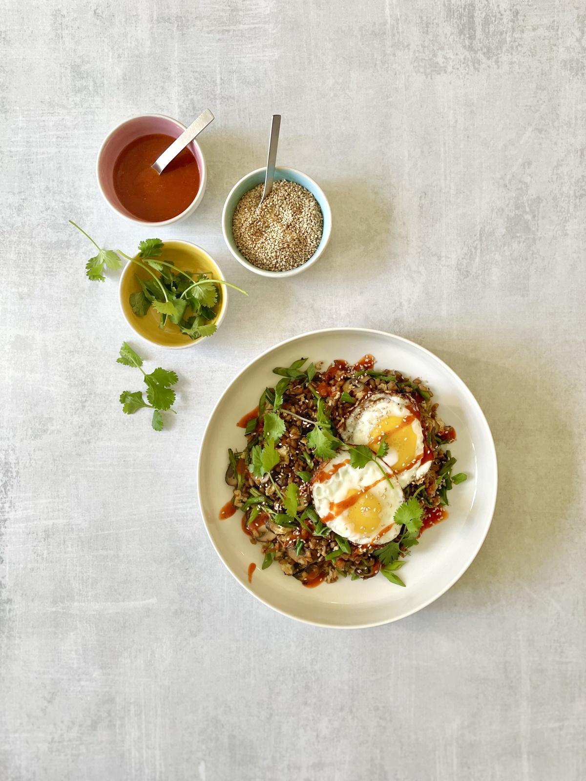 Veggie Fried Farro with Fried Eggs