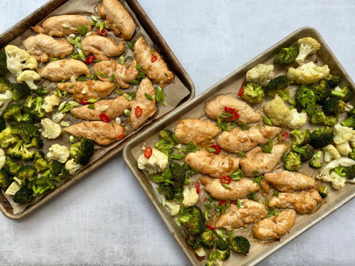 Sheet Pan Sweet-Garlic Chicken Tenders with Caramelized Broccoli & Cauliflower Florets