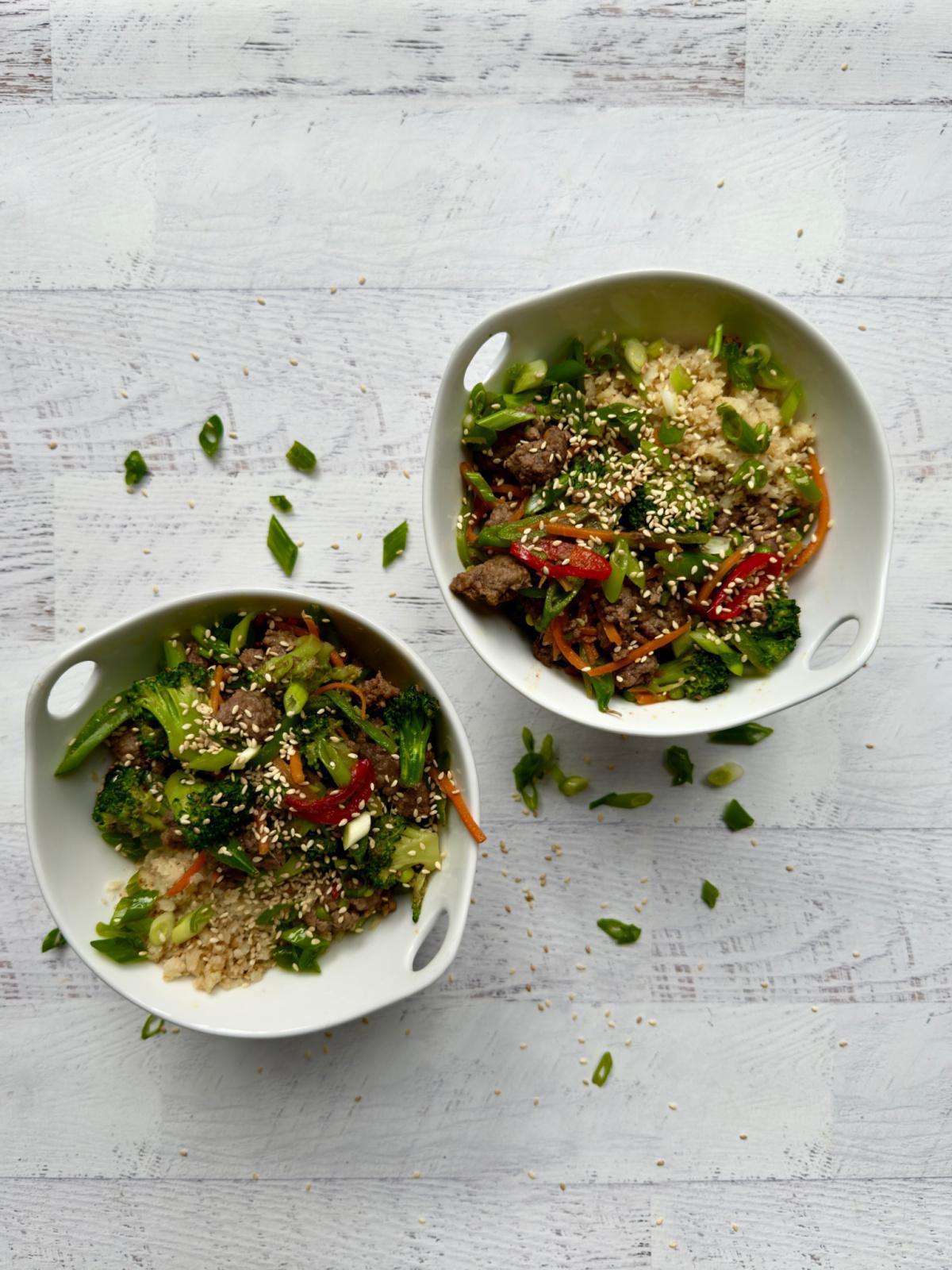 Sesame-Ginger Beef & Cauliflower Rice Bowls
