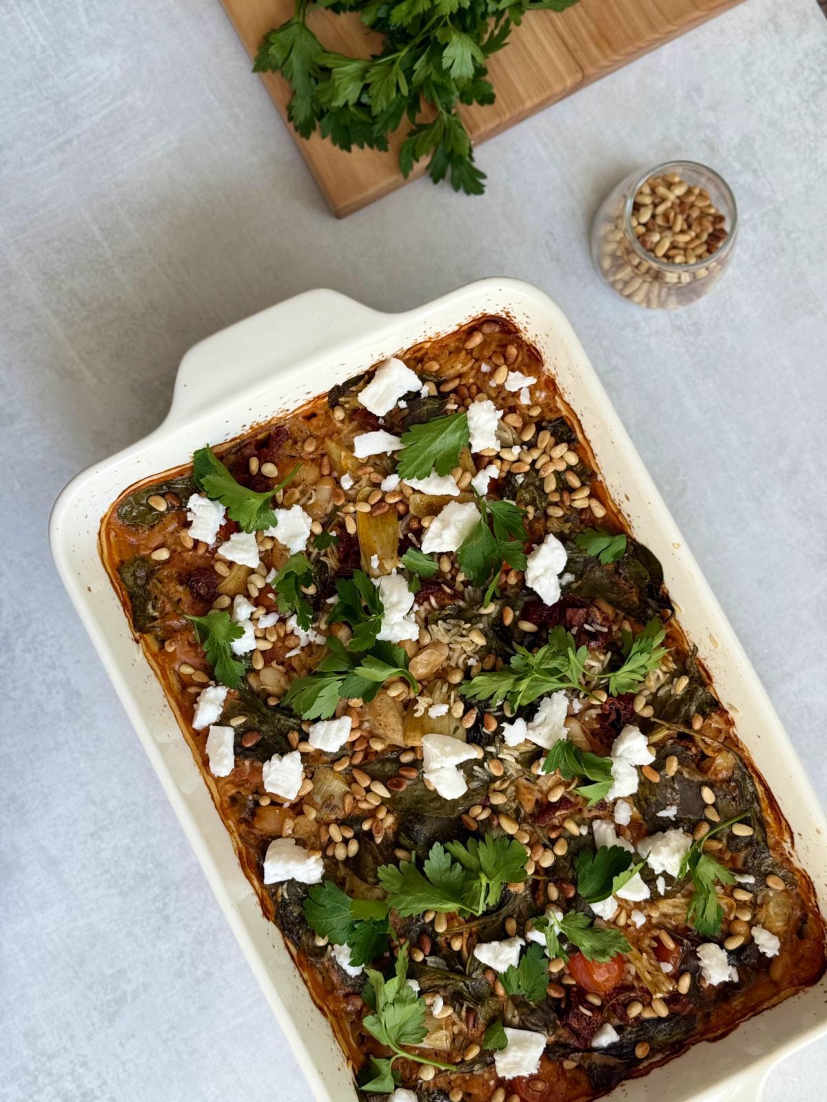 One-Pan Mediterranean Rice, Beans & Veggie Bake