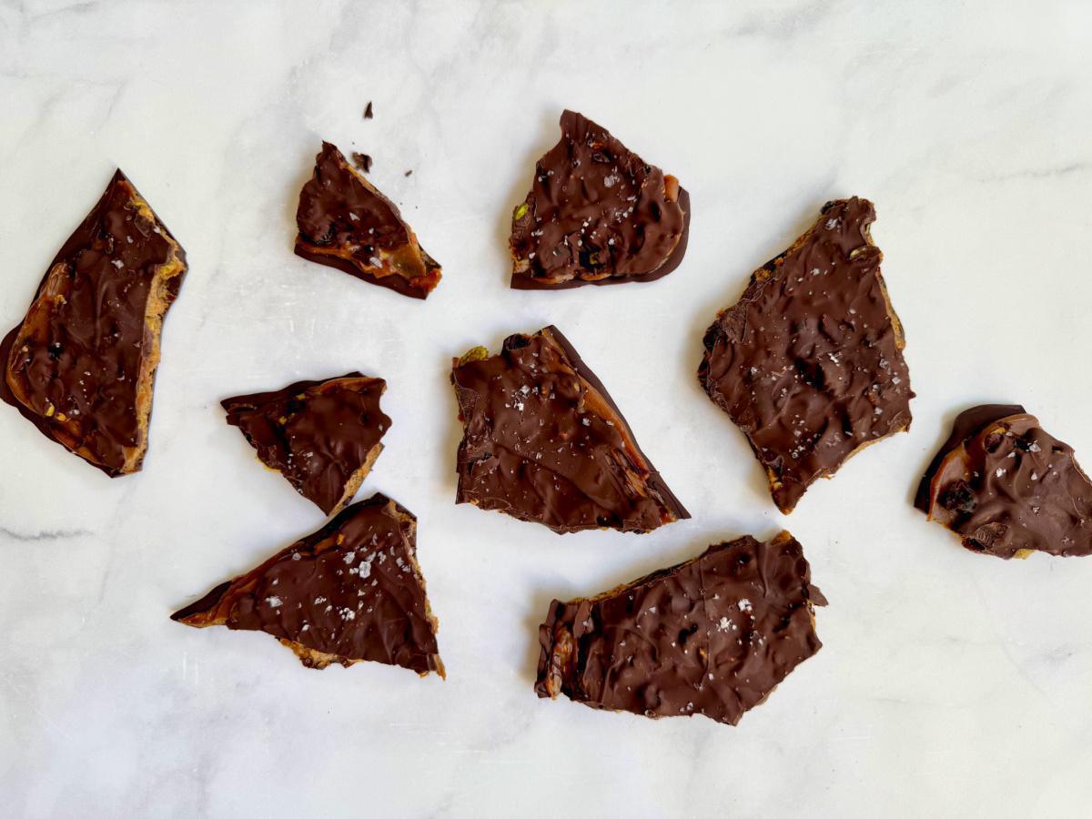 Salted “Caramel” Pistachio, Tart Cherry, and Dark Chocolate Layered Bark