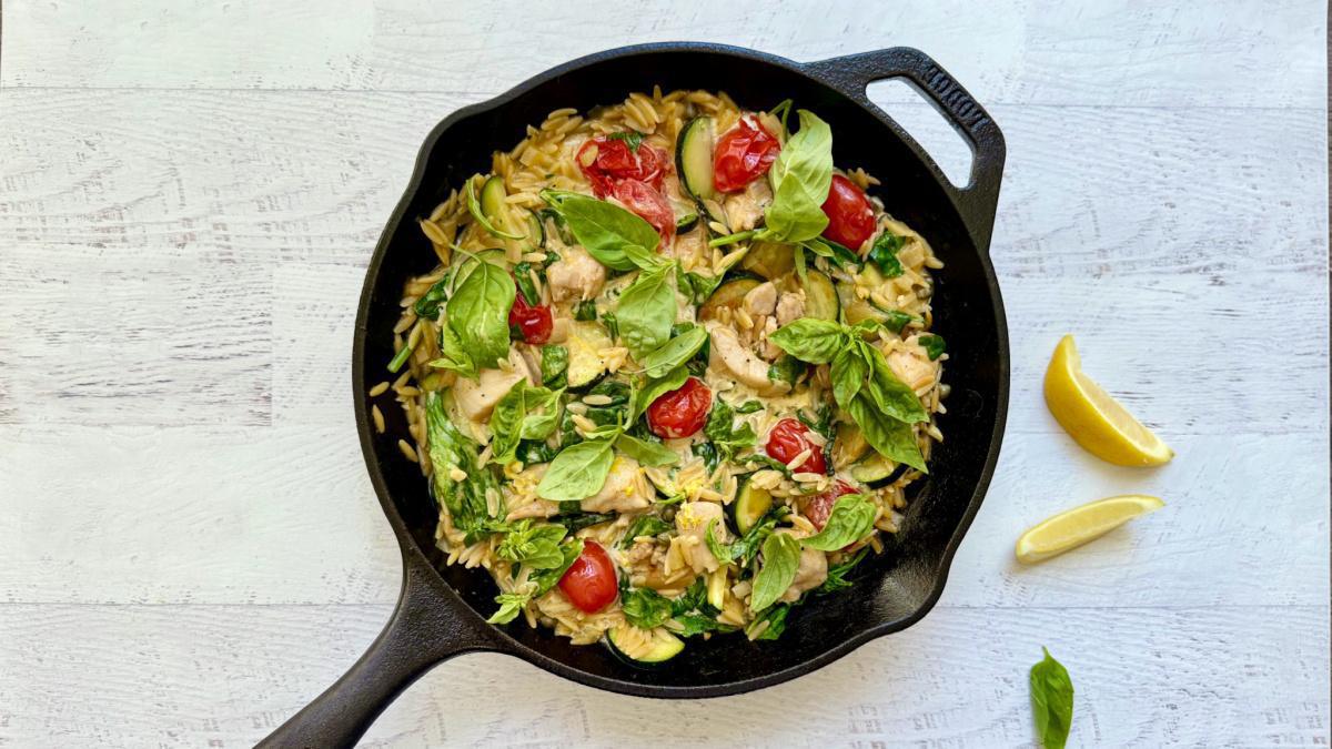 One-Pan Lemony Orzo with Protein Piccata & Greens