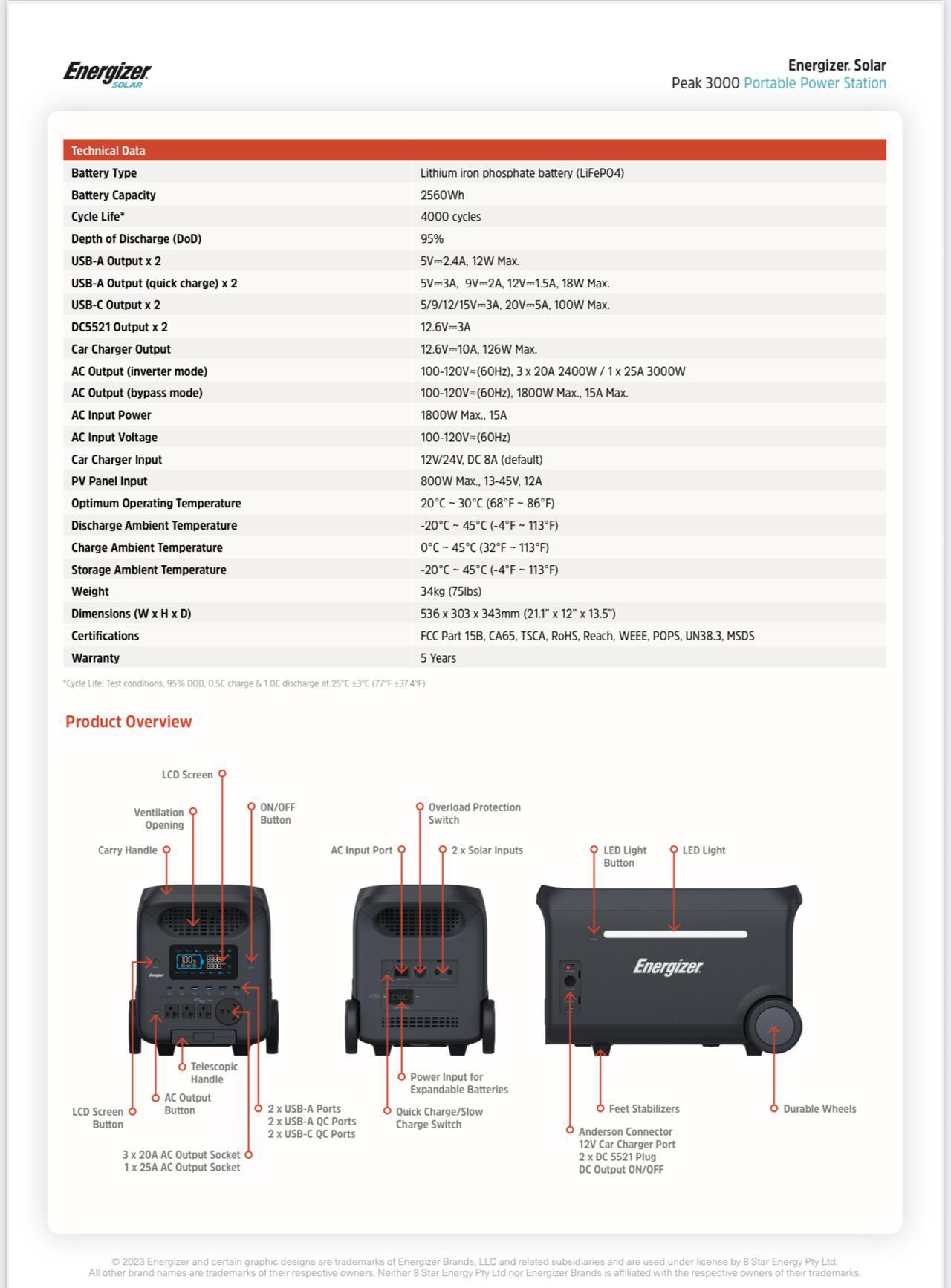 Energizer Specs