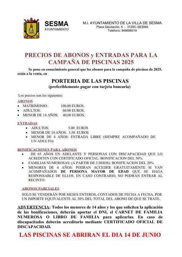 Precios de abonos y entradas para la campaña de piscinas 2025 Precios de abonos y entradas para la campaña de piscinas 2025