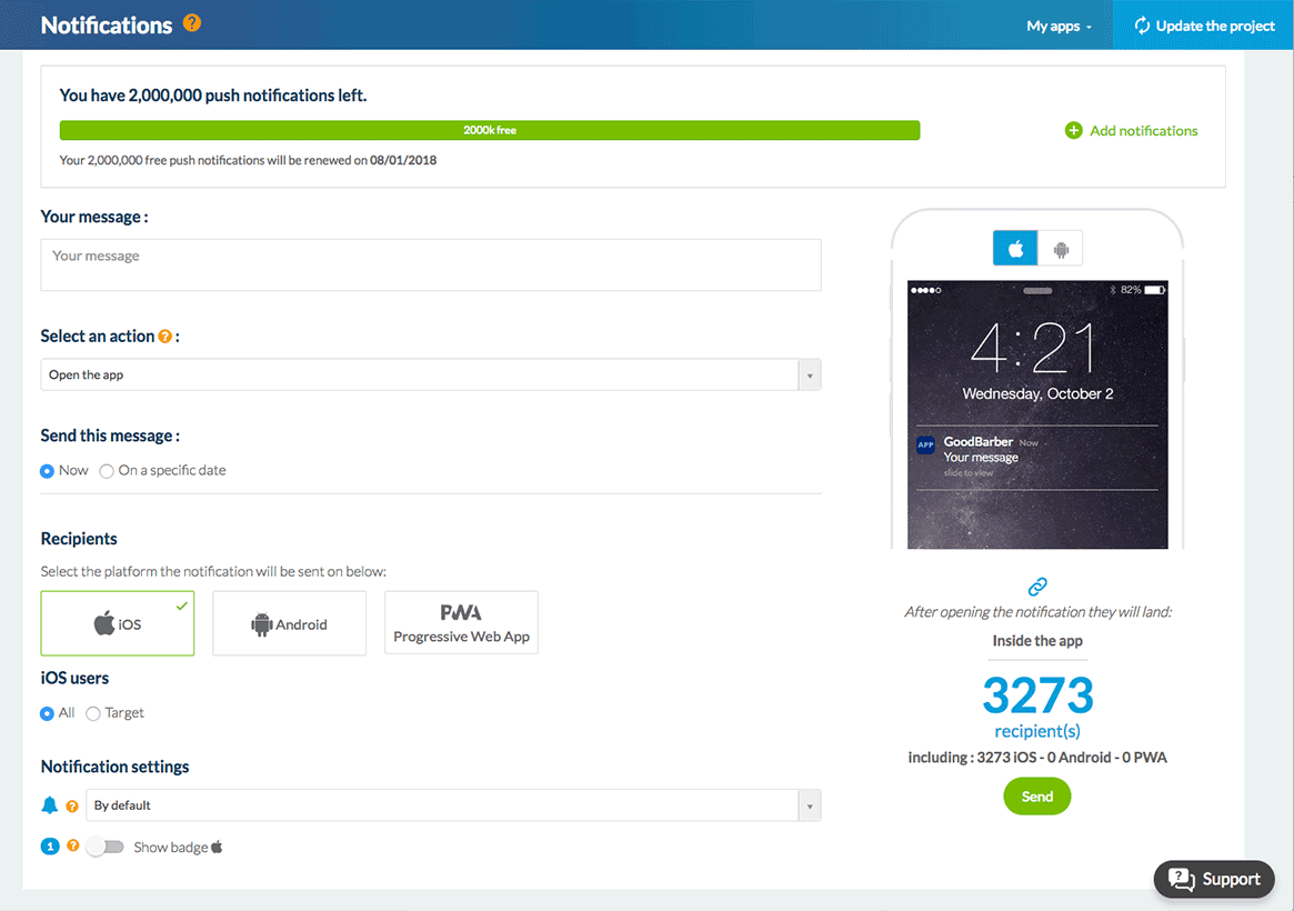 Push notifications panel on GoodBarber Push notifications panel on GoodBarber