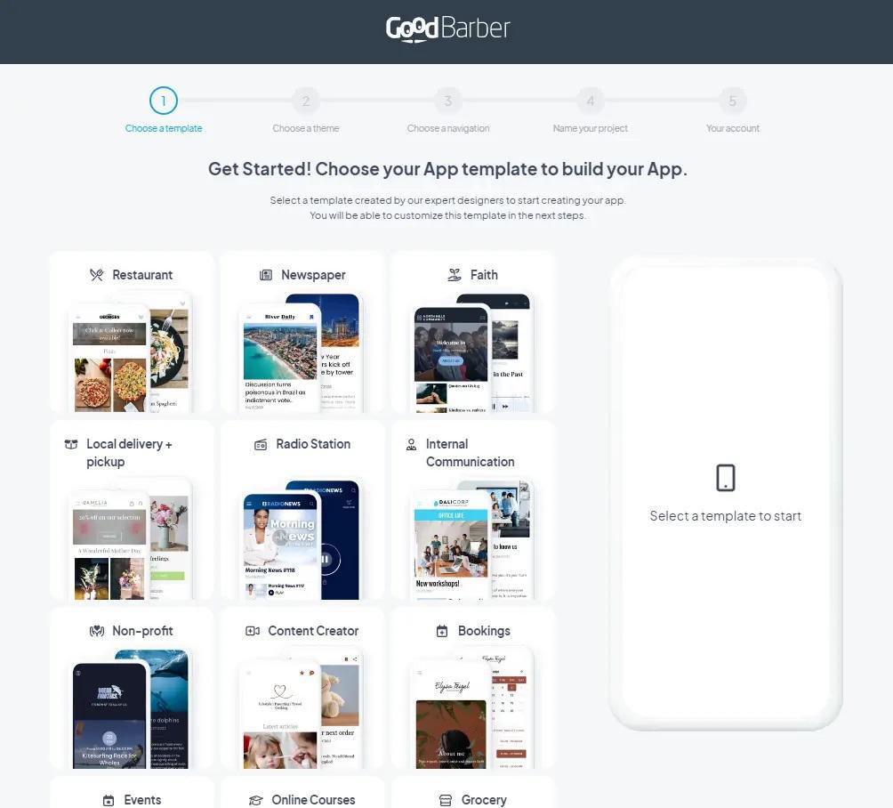 Screenshot showing app creation process and interface within GoodBarber app builder Screenshot showing app creation process and interface within GoodBarber app builder