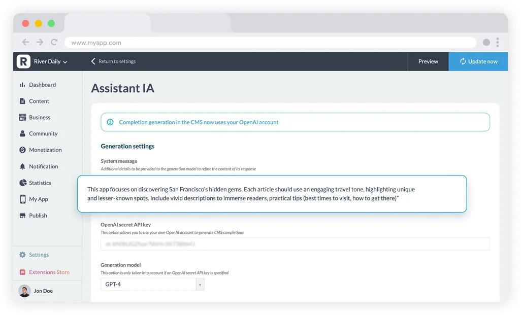 Screenshot showcases AI Assistant interface for content creation within GoodBarber App Builder  Content Management System Screenshot showcases AI Assistant interface for content creation within GoodBarber App Builder  Content Management System