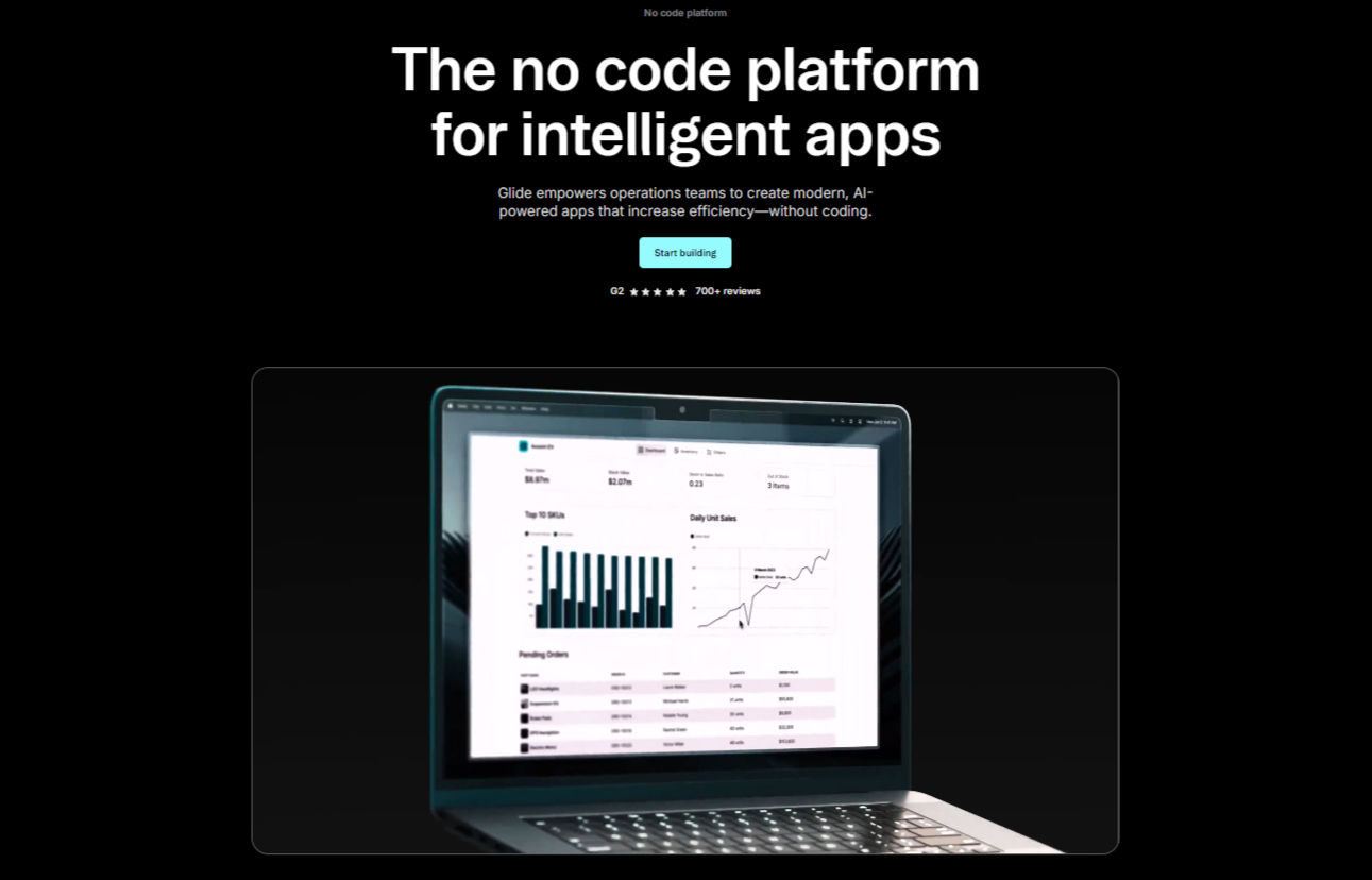 Glide, the no-code platform for intelligent apps homepage