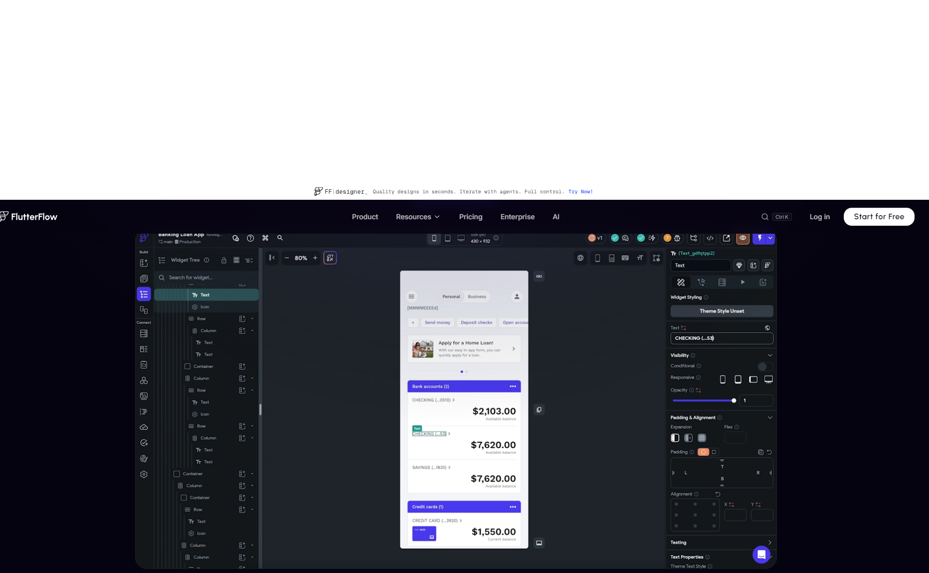 FlutterFlow visual builder, widget-tree editor with a live app preview