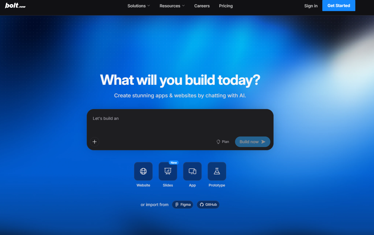 Bolt.new, What will you build today, AI app generation homepage