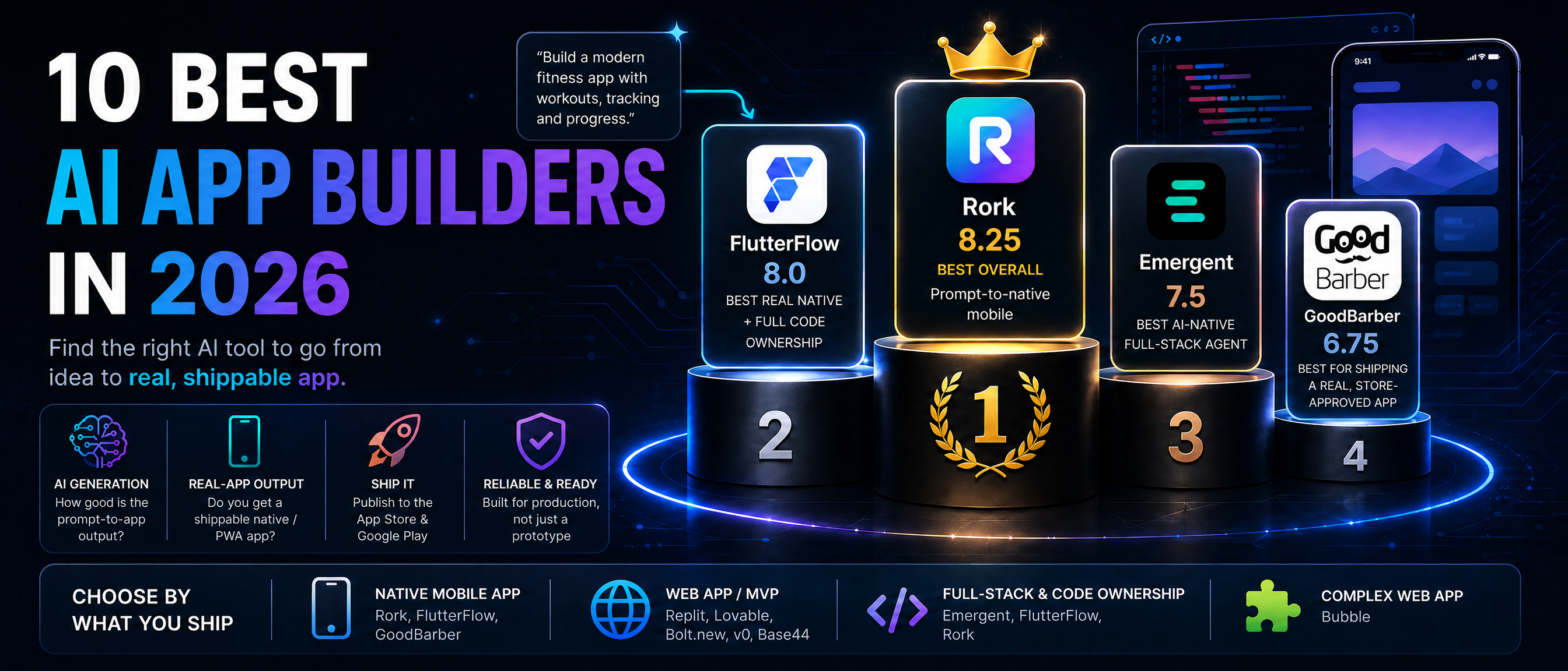 The Best AI App Builders according to https://www.goodbarber.com/blog/10-best-ai-app-builders-in-2026-a1588/ benchmark from GoodBarber experts team