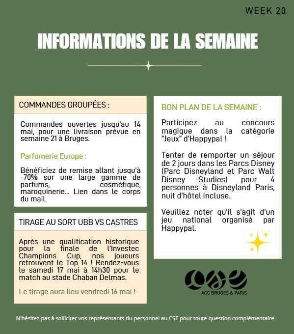 Vos infos de la semaine 20
