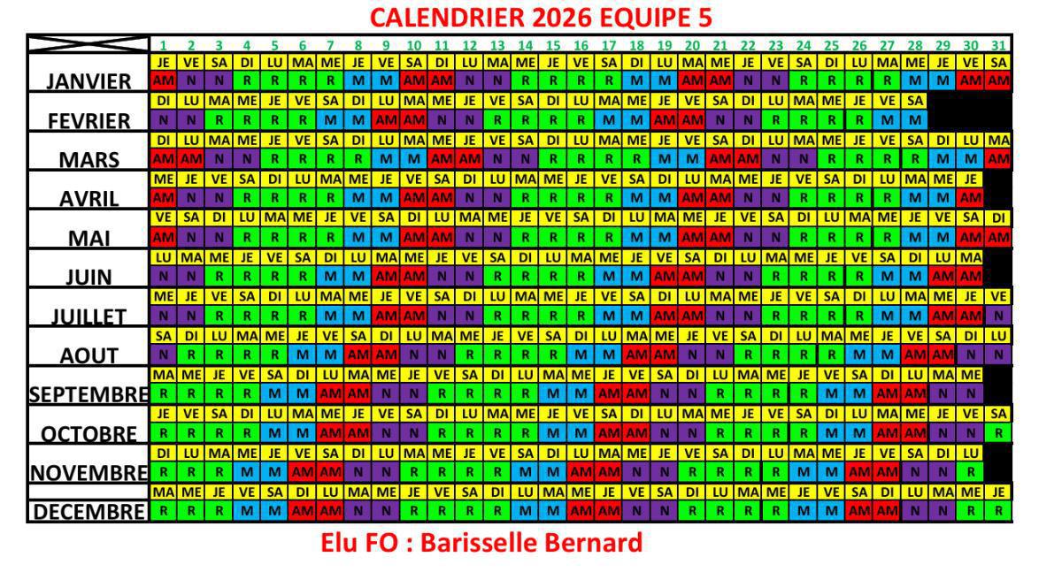 Calendrier 5x8 par équipe 2026