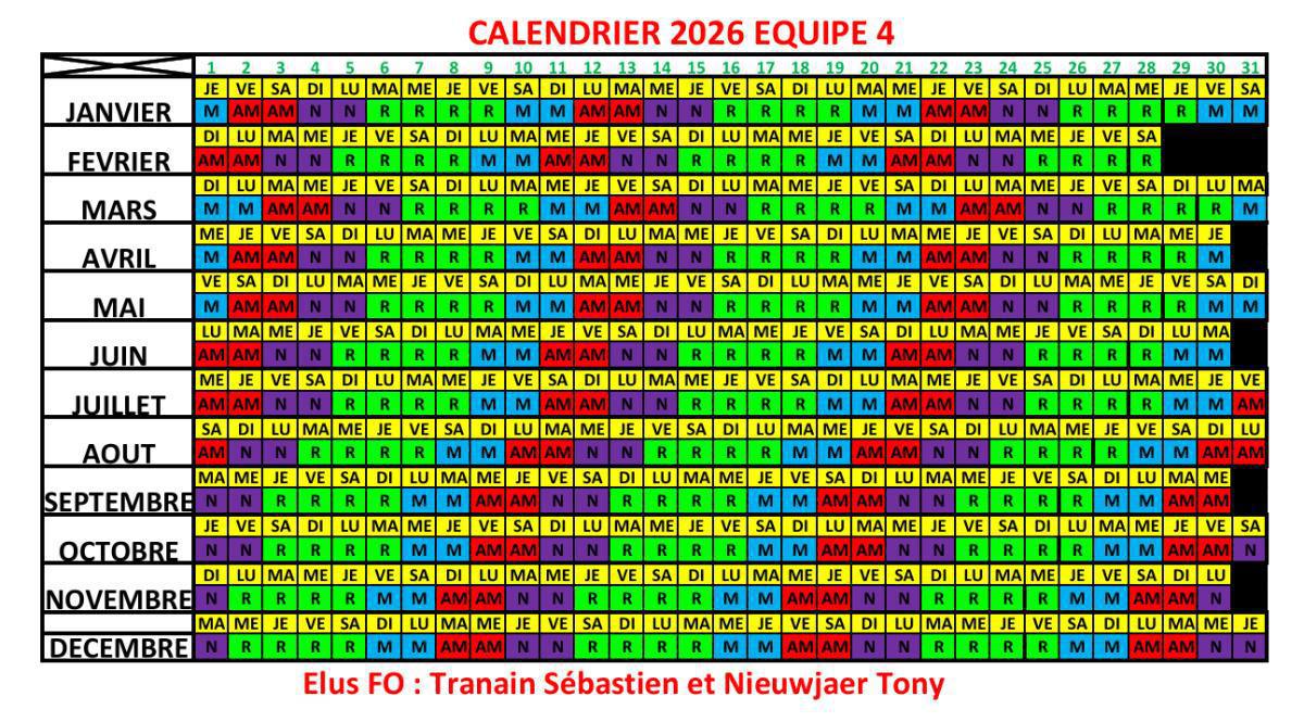 Calendrier 5x8 par équipe 2026