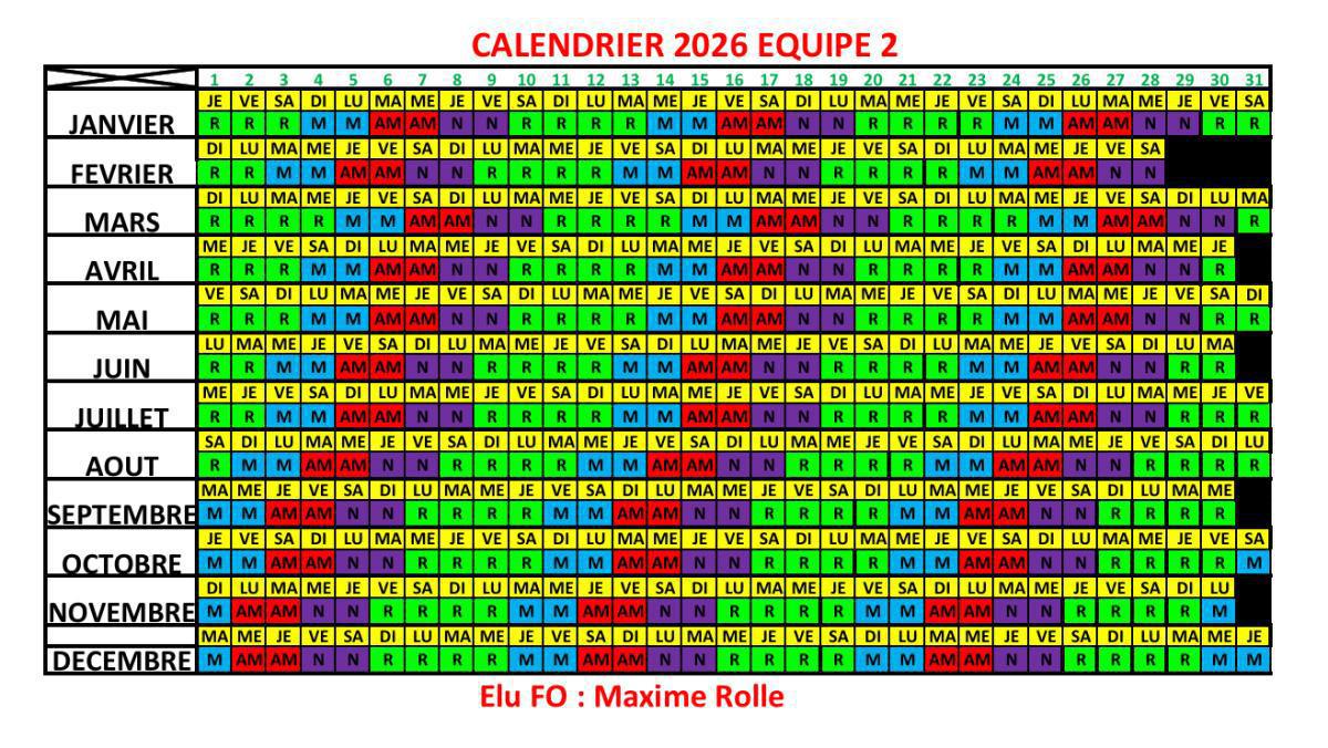 Calendrier 5x8 par équipe 2026
