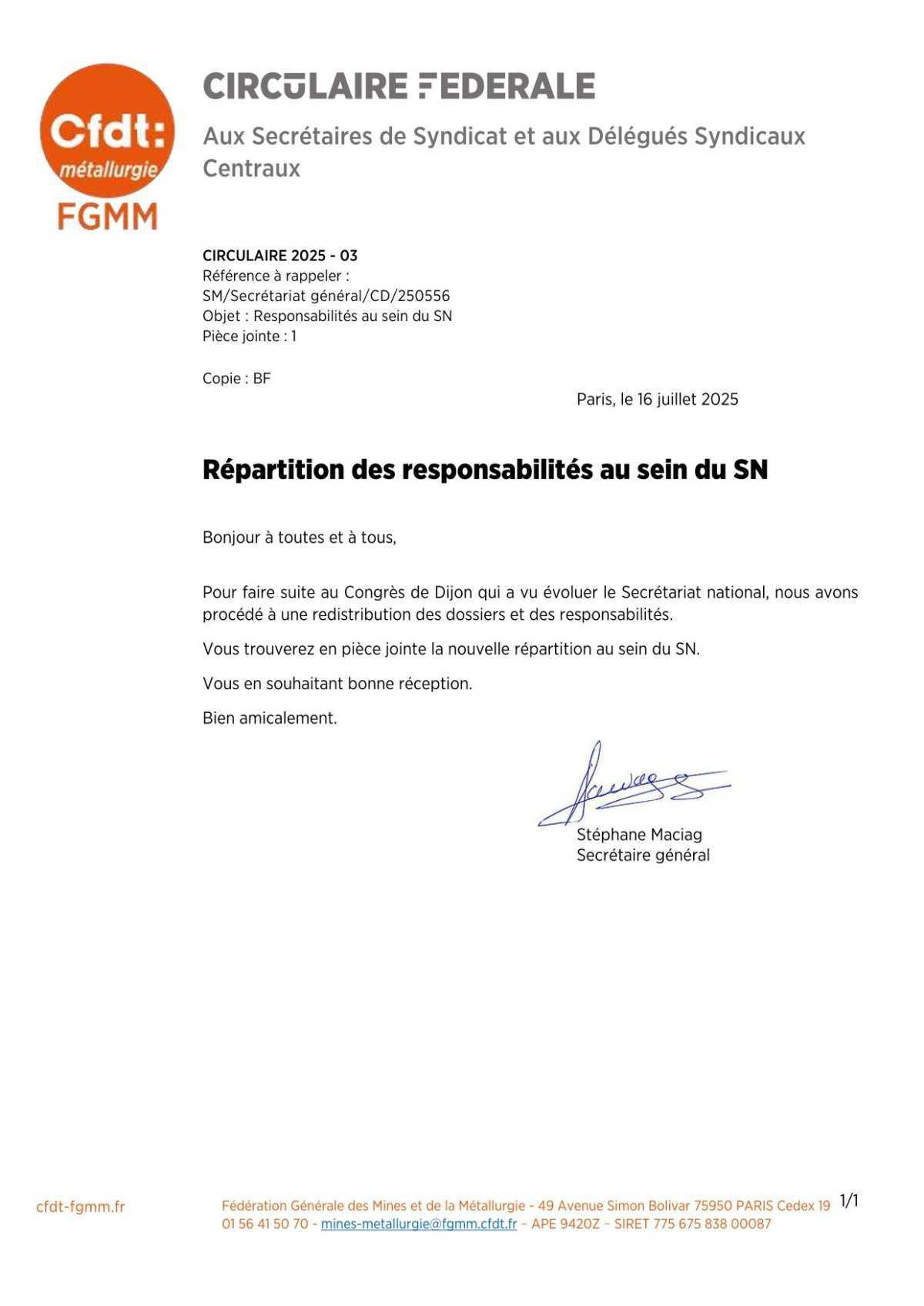Répartition des responsabilités SN - Juillet 2025
