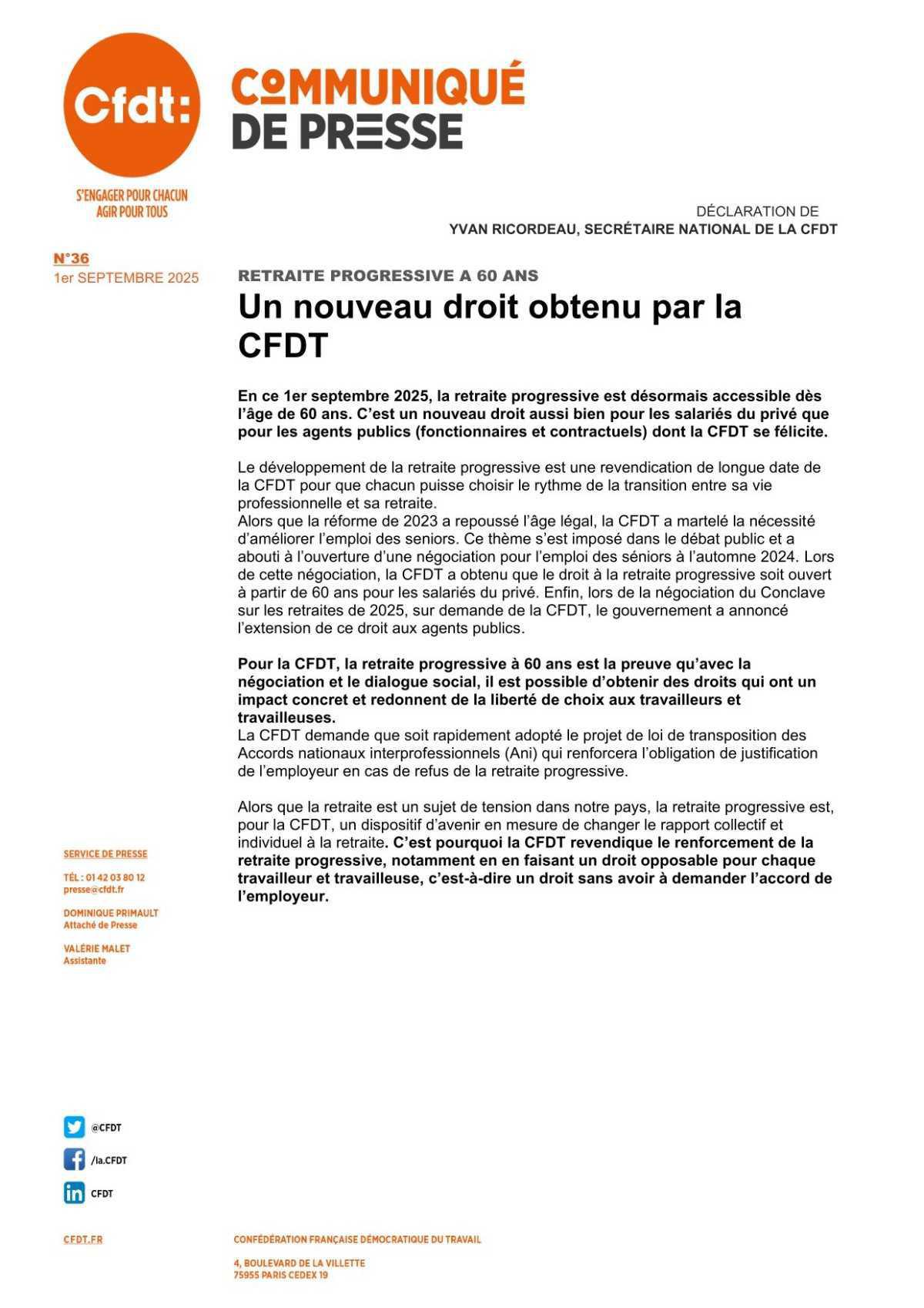 Retraite progressive à 60 ans: un nouveau droit obtenu par la CFDT