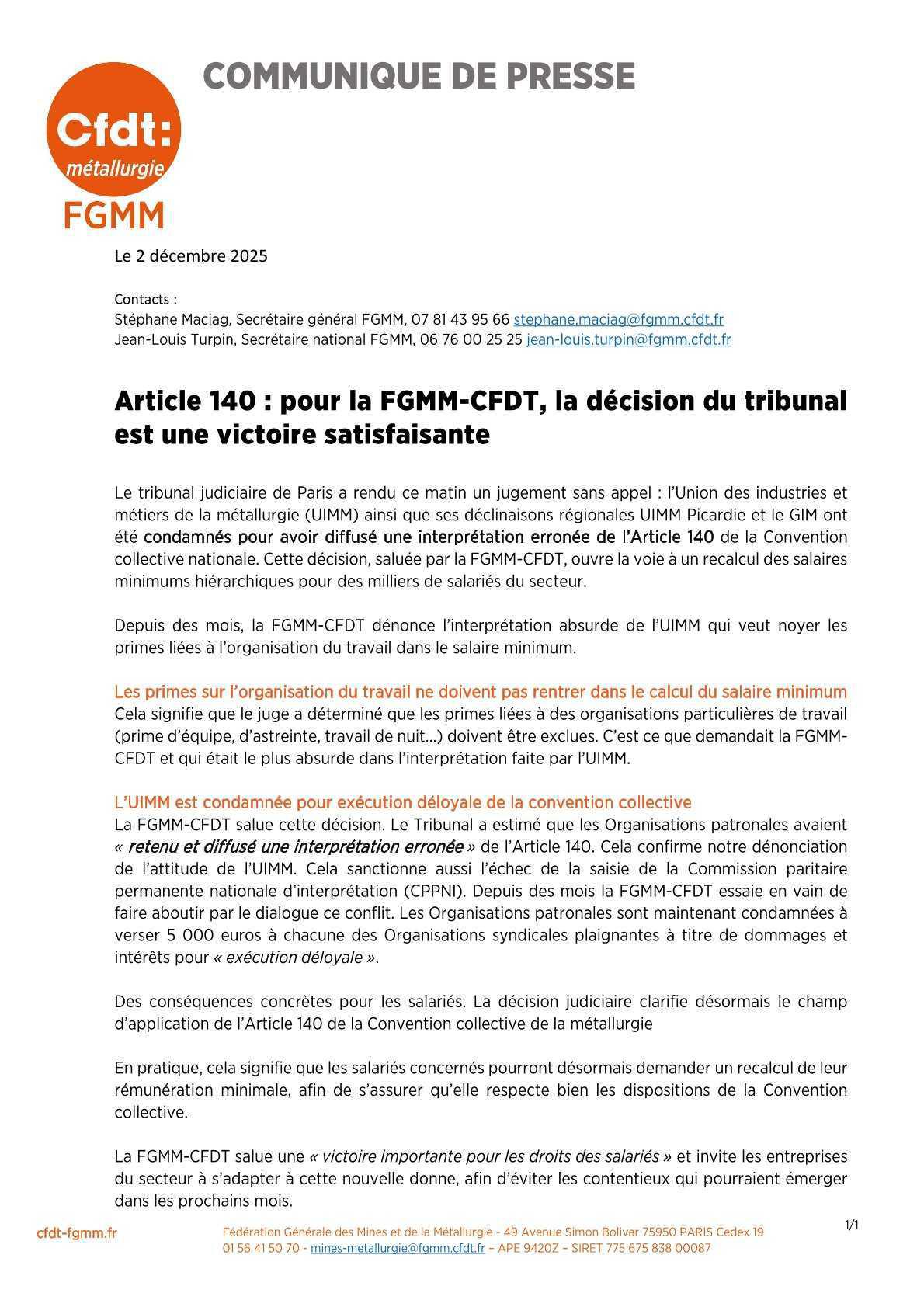 DECISION TRIBUNAL : VICTOIRE --- Contestation de l’interprétation de l’article 140 de la CCN Métallurgie au tribunal