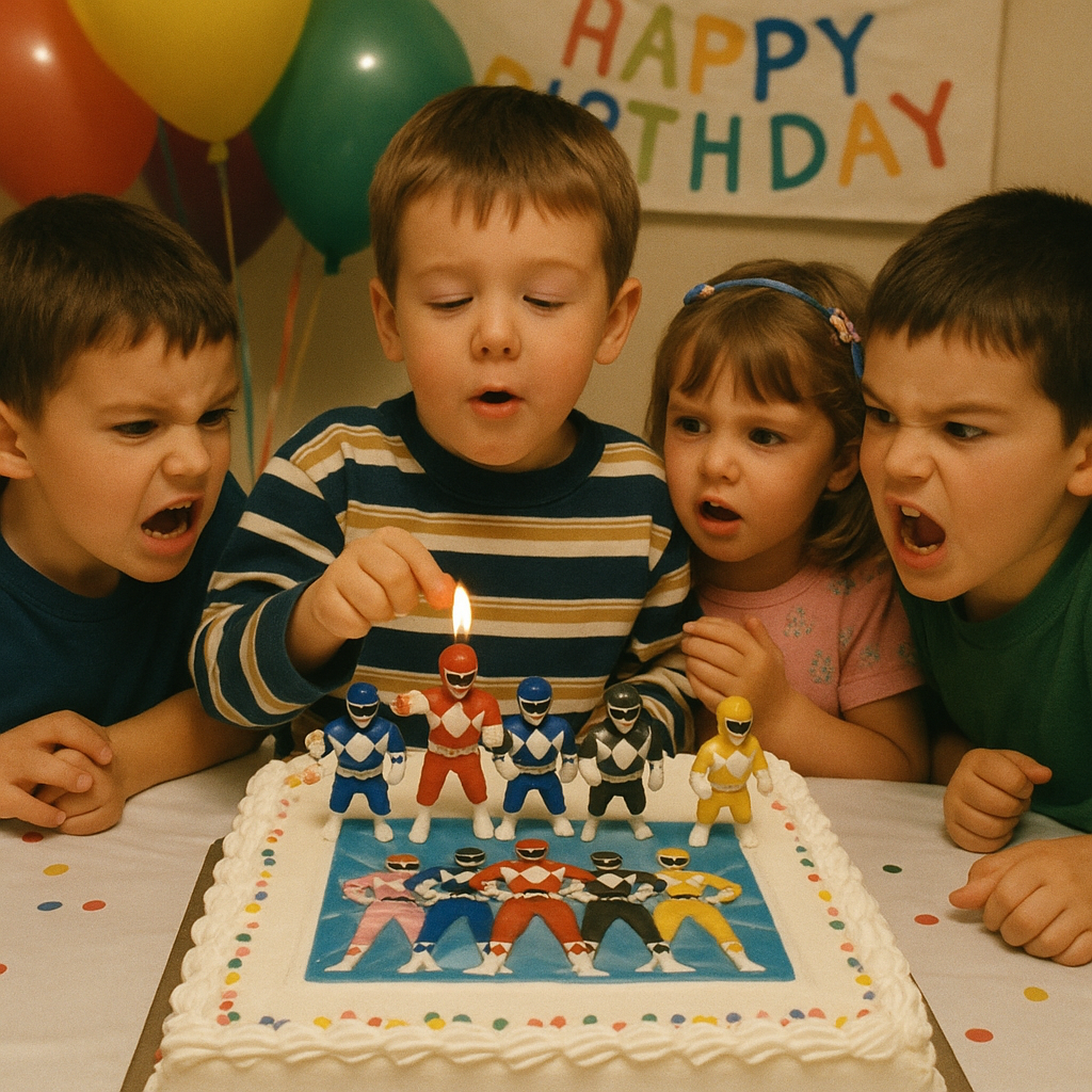 Birthday with Power Rangers Cake 1998. We all fought over the red ranger candle. Good times.