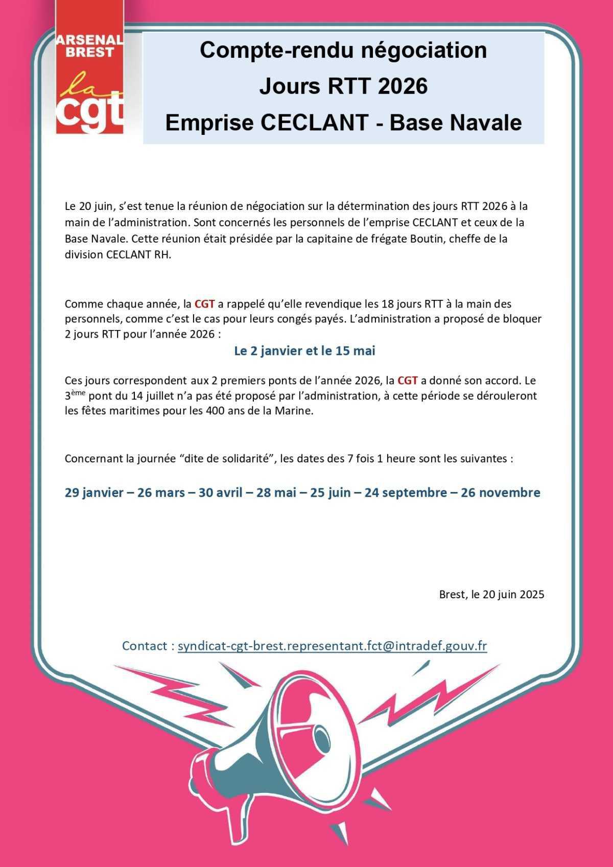 Jours RTT 2026 CECLANT-Base Navale