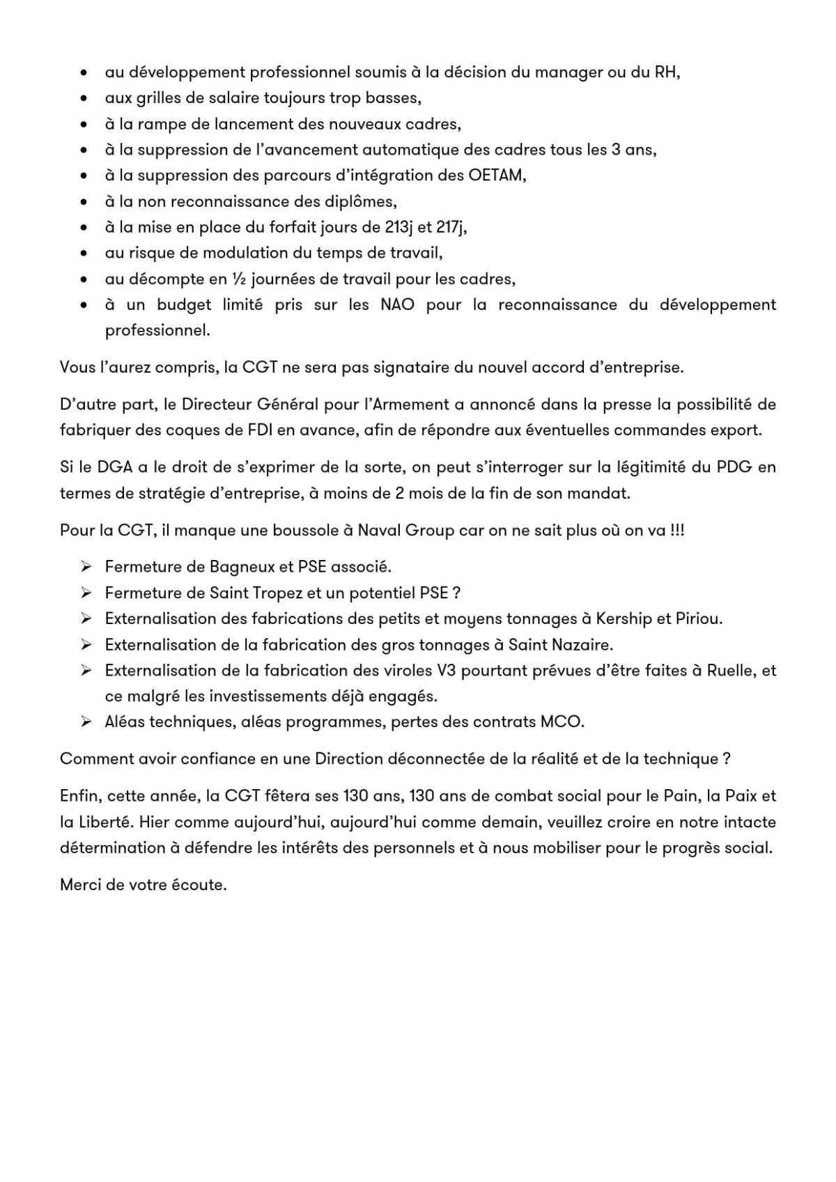 Accord d'entreprise Naval Group : l'avis CGT et Déclaration du 29/01/2025