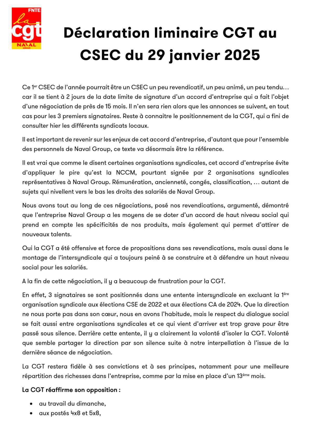 Accord d'entreprise Naval Group : l'avis CGT et Déclaration du 29/01/2025