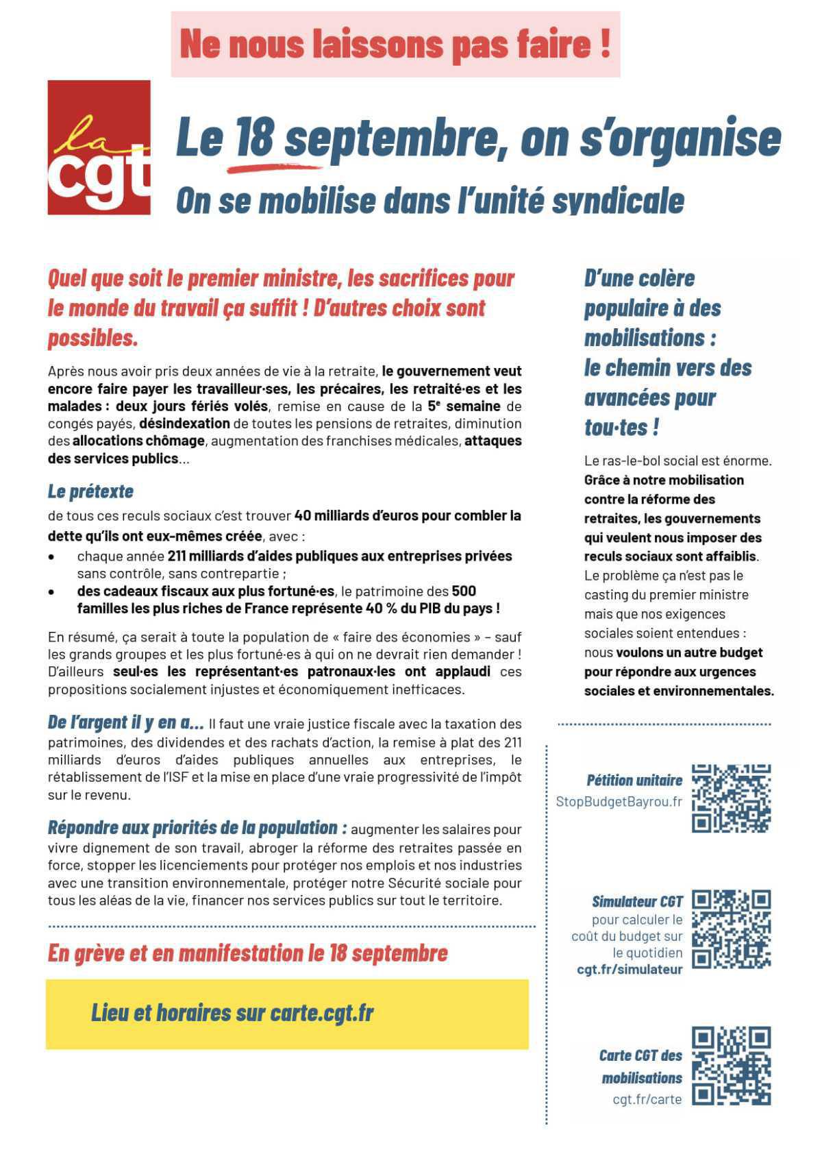 Le 18 septembre, on s’organise On se mobilise dans l’unité syndicale