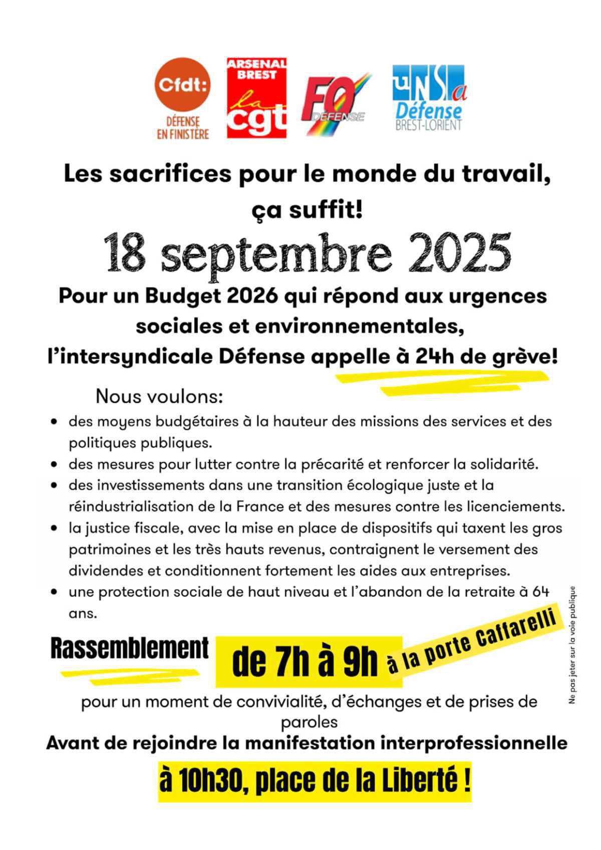 18 Septembre : Appel à 24h de grève et Rassemblement à 7h porte Caffarelli!